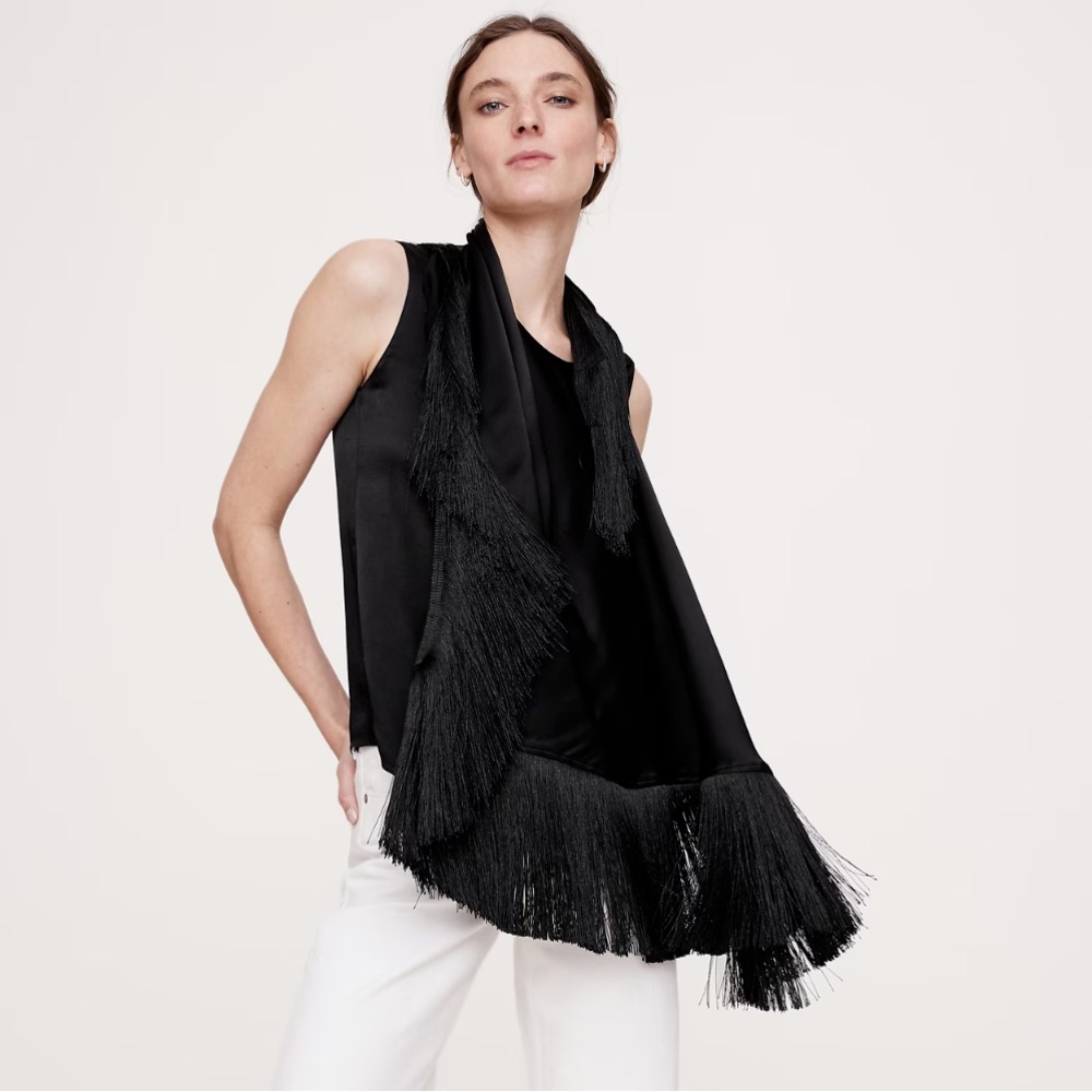 Banana Republic Black Silky-Crepe Fringe Top